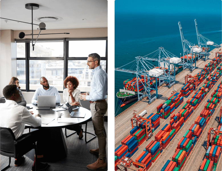 Imagem dividida em duas partes: à esquerda, um grupo de profissionais em reunião ao redor de uma mesa de escritório, discutindo diante de notebooks; à direita, vista aérea de um porto com guindastes e contêineres coloridos organizados.