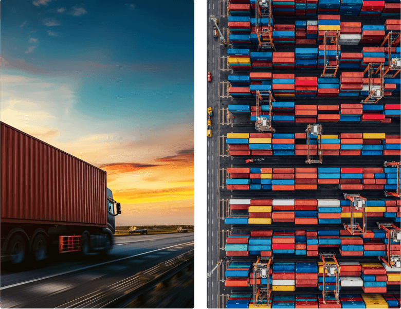 Imagem dividida em duas partes: à esquerda, caminhão com contêiner vermelho trafega em rodovia durante o pôr do sol; à direita, vista aérea de um porto com contêineres coloridos organizados em fileiras e guindastes.
